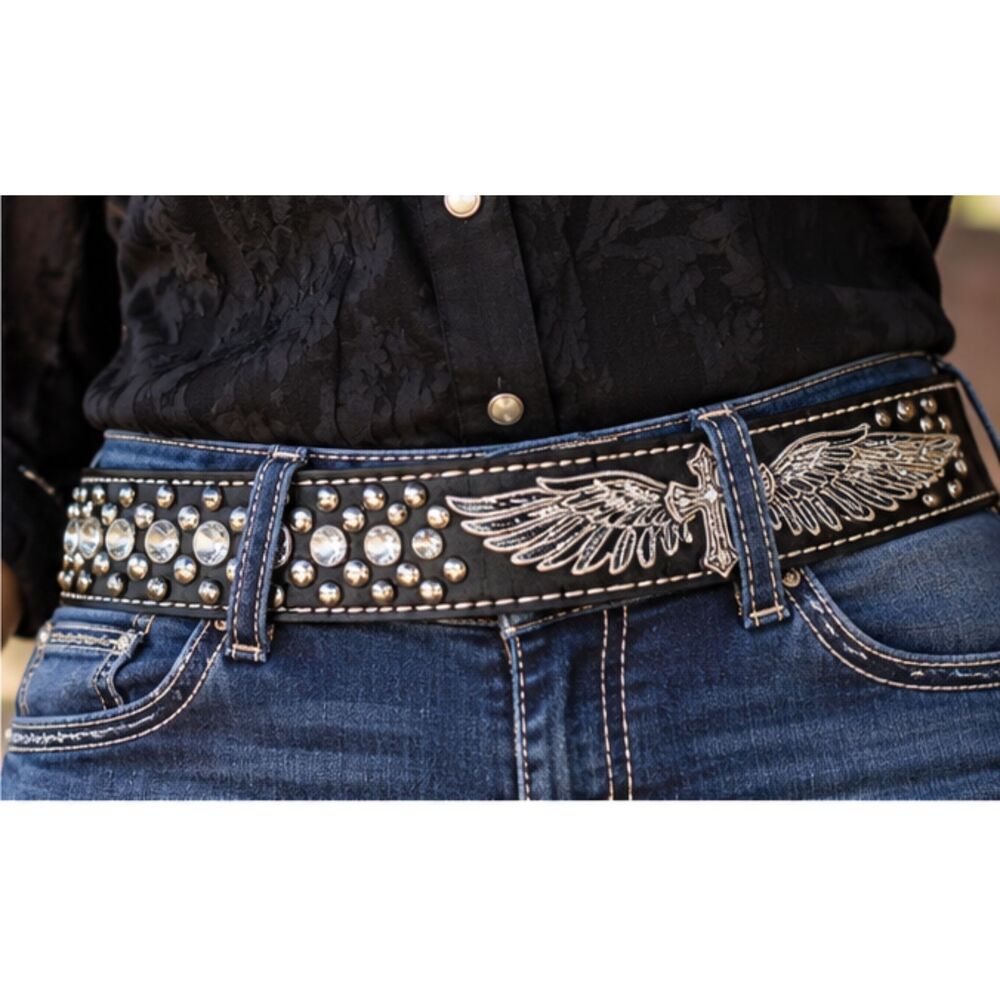 Nocona Western Rhinestone Studded Belt Black Cross Wings Bling Buckleless